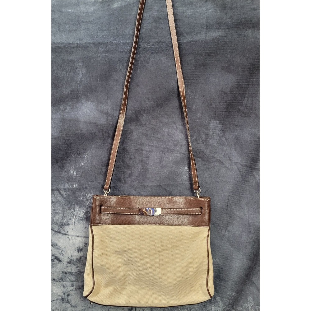 Furla Italy Canvas Leather Crossbody Bag Womens Medium Beige Brown